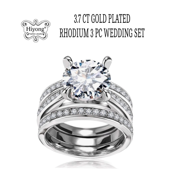 Hiyong Jewelry - 3.7ct Large Round AAA CZ 3pc Gold Plated/Rhodium Engagement Wedding Ring Set